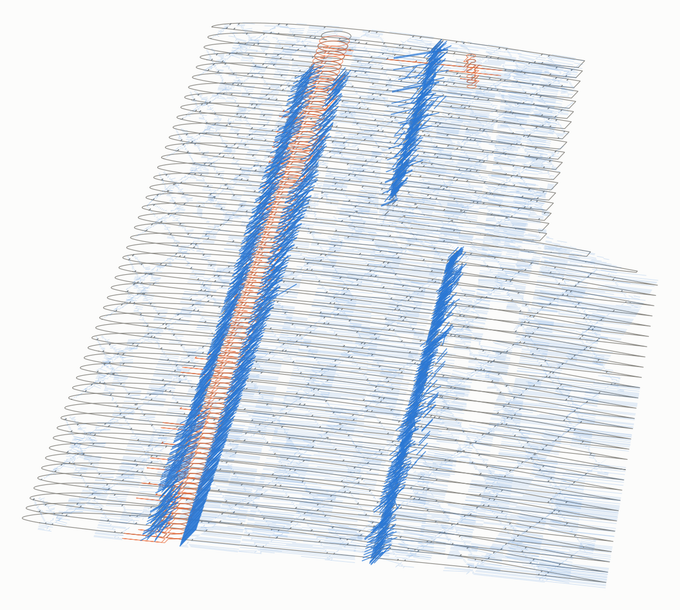 Stacked wing cross-sections with gray section outlines, blue web-generating slots, and an orange carbon-rod socket extending along the span.