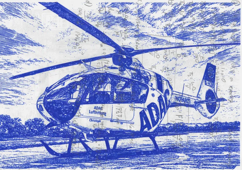 Blue ballpoint plot of an ADAC helicopter near a structure on reused coursework.