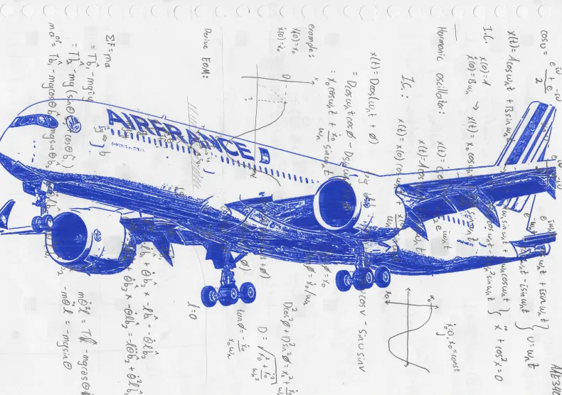 Blue ballpoint plot of an Air France A350 airliner over handwritten dynamics equations.