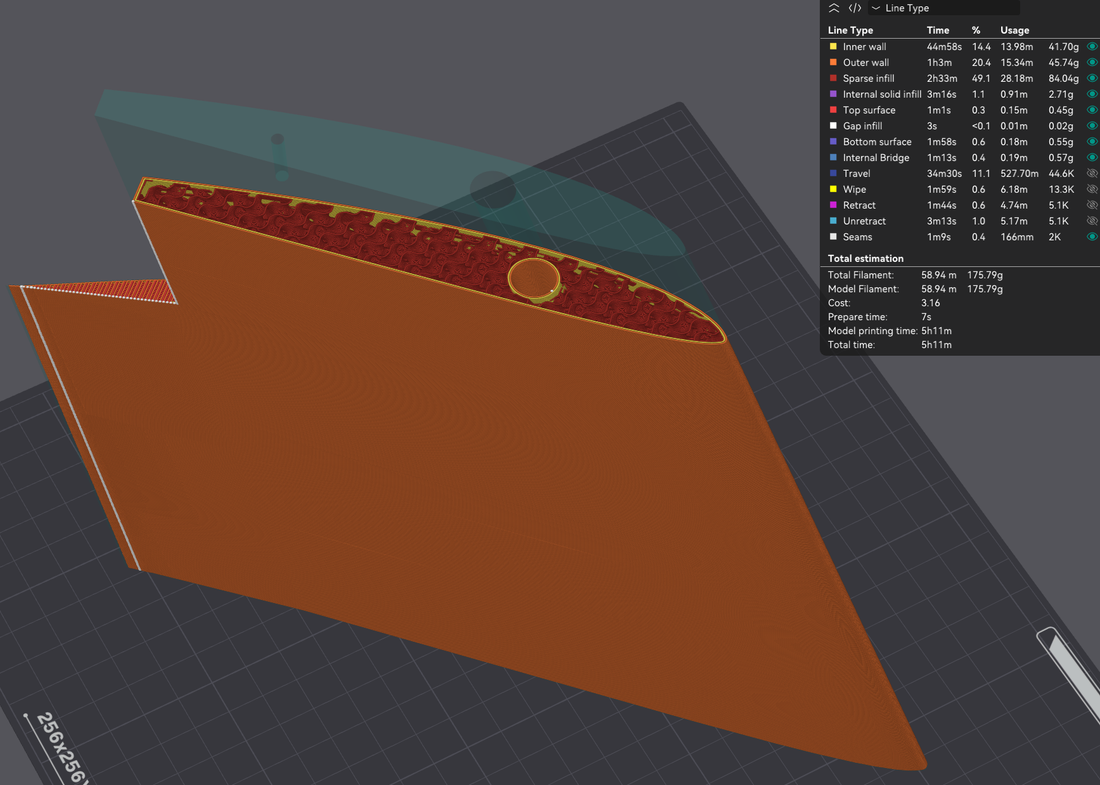 Conventional OrcaSlicer preview showing internal walls and infill at the wing's open top