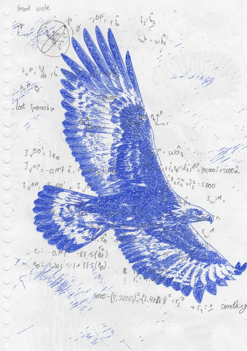 Blue ballpoint plot of an eagle in flight over handwritten dynamics equations.