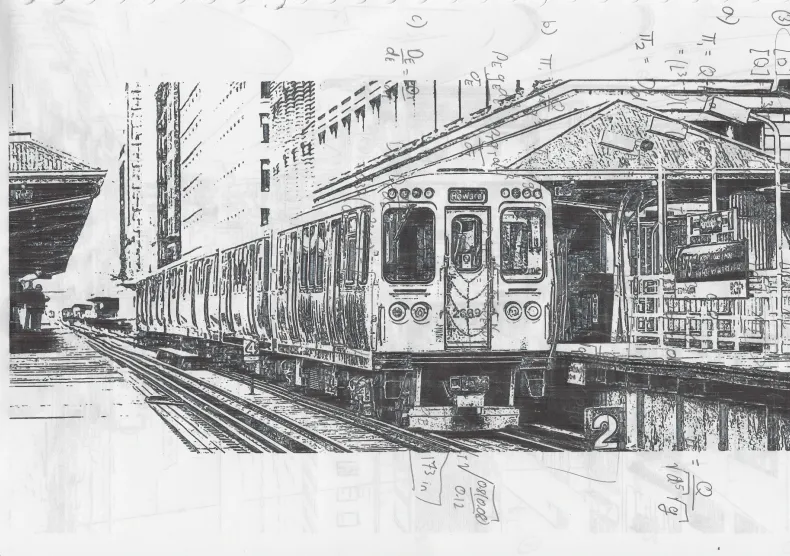 Black-ink drawing of a train on elevated tracks above a city street.