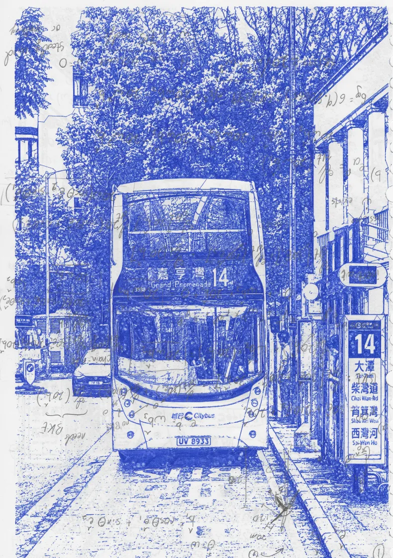 Blue ballpoint plot of a Hong Kong Citybus double-decker on route 14 in a tree-lined street.