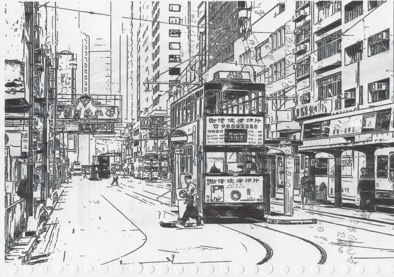 Black-ink drawing of a Hong Kong tram in a dense street scene on reused coursework.