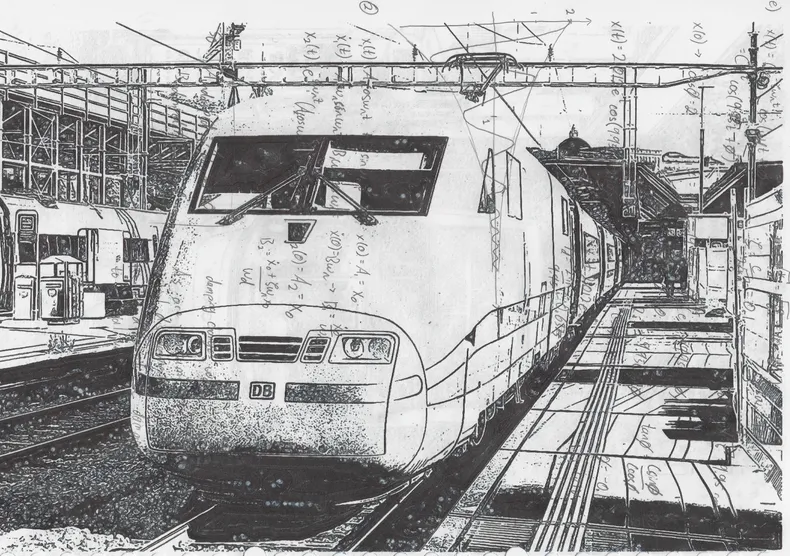 Physical black-ink drawing of an ICE train in a station, plotted over handwritten equations.