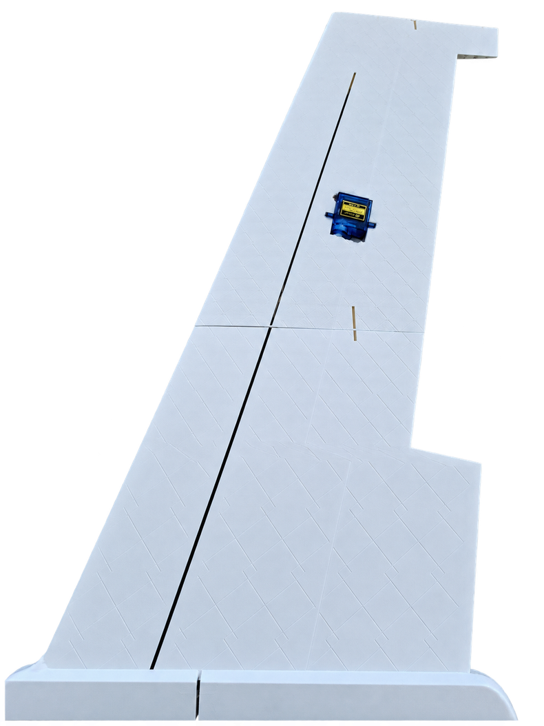 Full white printed wing viewed from above, showing the diagonal surface pattern, spar path, and blue servo.