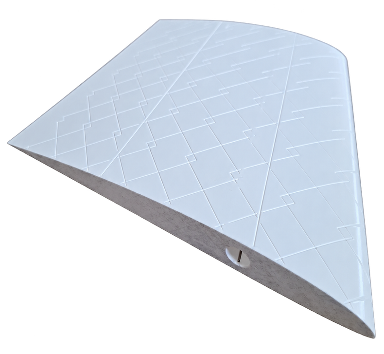 Close view of a white printed wing section showing the diagonal web pattern in the thin skin and a circular spar opening.