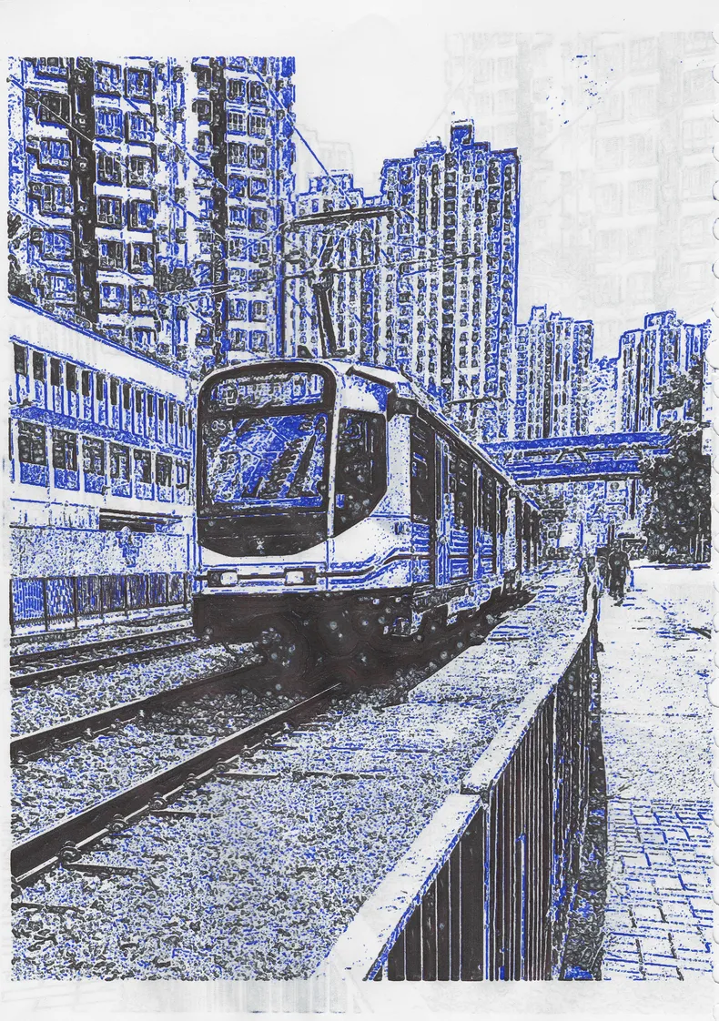 Physical Hong Kong tram plot in black and blue ink.
