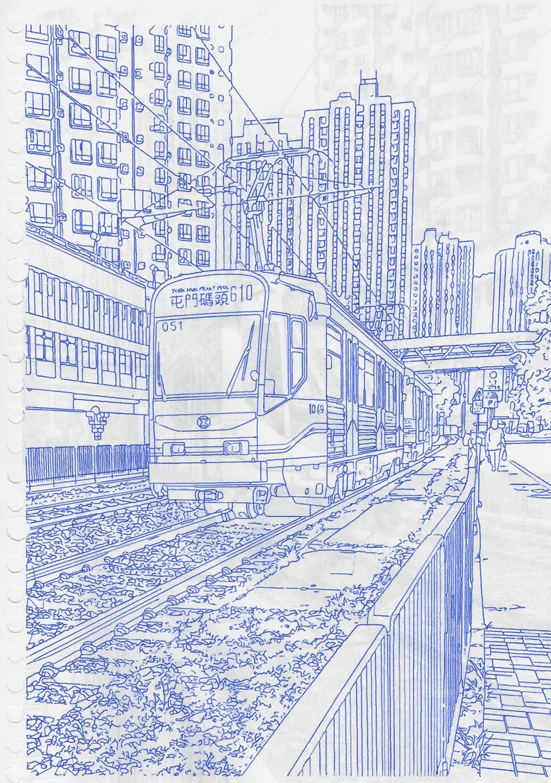Blue-ink tram plot with buildings, tram, and tracks drawn mainly as open lines.
