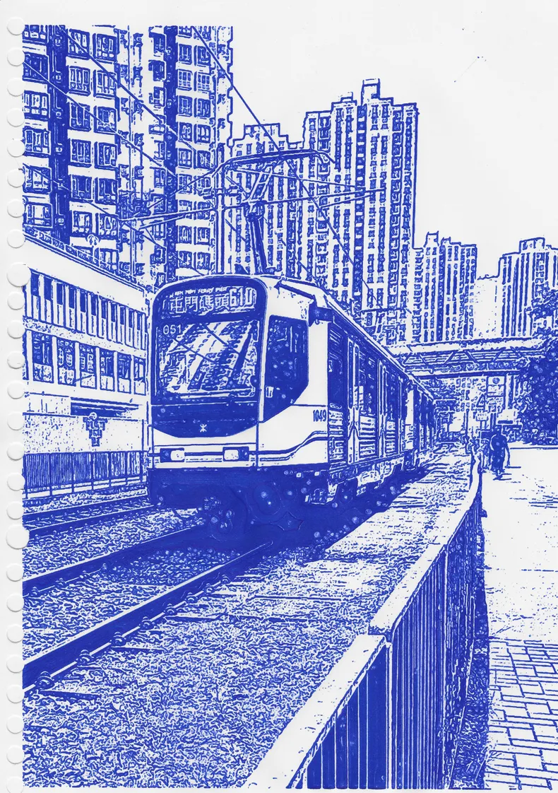 Blue-ink tram plot with dense tonal marks across the tram, buildings, and foreground.