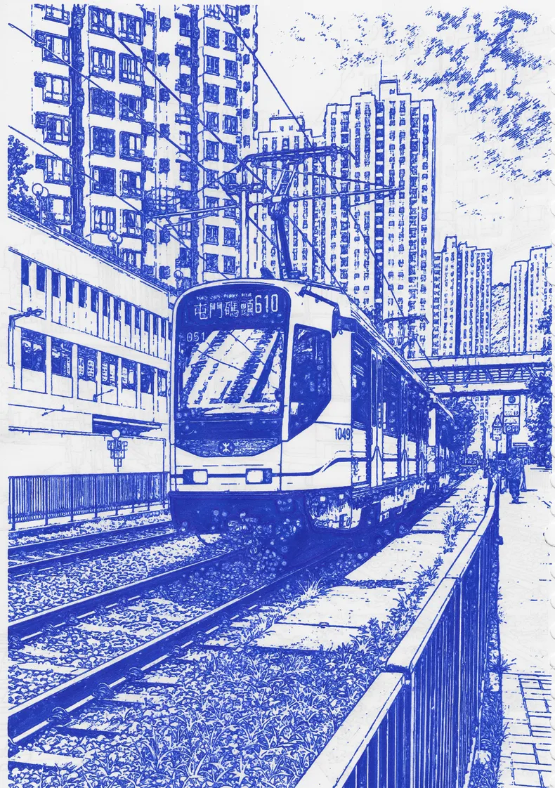 Blue-ink tram plot with repeated strokes filling parts of the tram and streetscape.