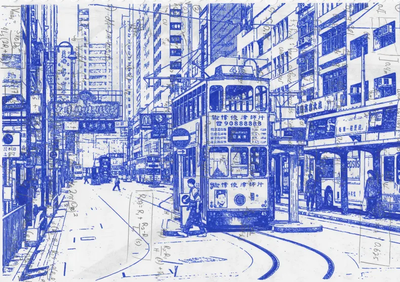 Dense blue ballpoint plot of a Hong Kong urban street with a tram, shopfronts, and signage.